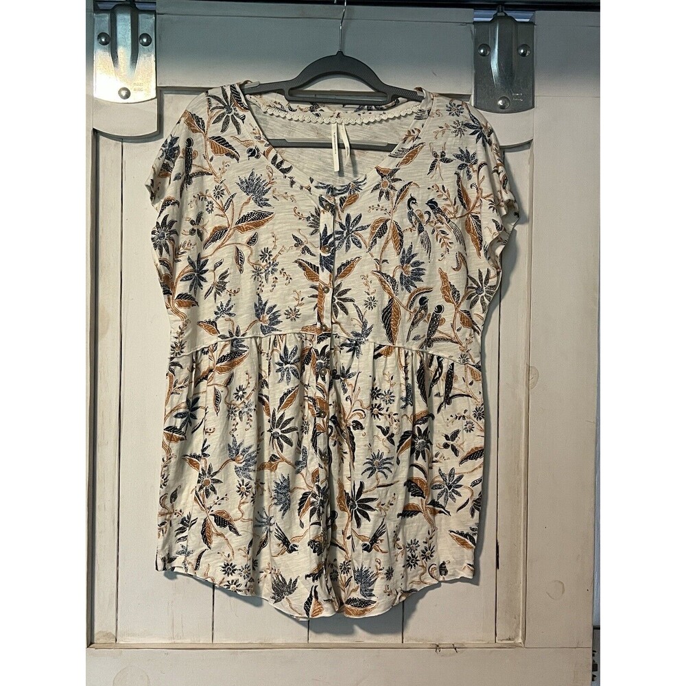 Anthropologie Button Blouse Womens Large Floral Short Sleeve Boho